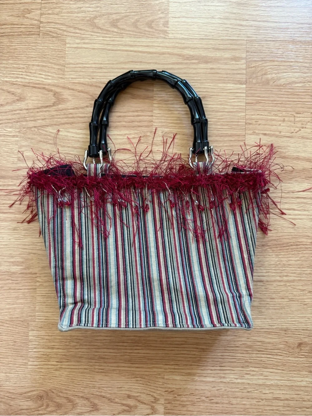 Bella Vintage Y2K Whimsigoth Striped Faux Bamboo Handle Feather Purse